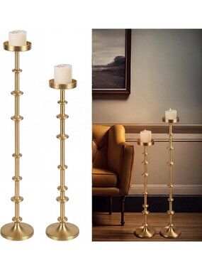 Elegant Gold Metal Pillar Candle Holders Set of 2 - Vintage Taper Stand for Home